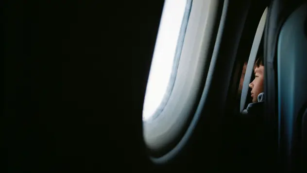 Ein gut som ser ut av vinduet ombord på flyet