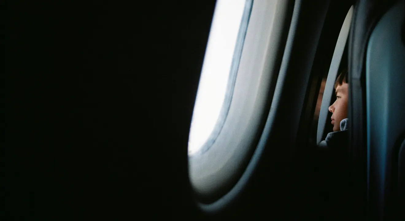 Ein gut som ser ut av vinduet ombord på flyet