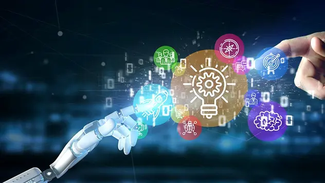 Illustrasjon av kunstig intelligens der en menneskehånd møter en robothånd