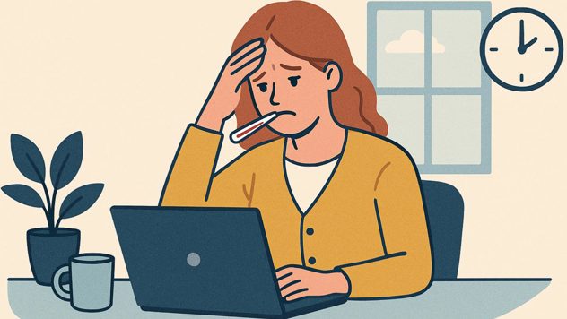 Illustrasjon av dame foran pc med termometer i munnen