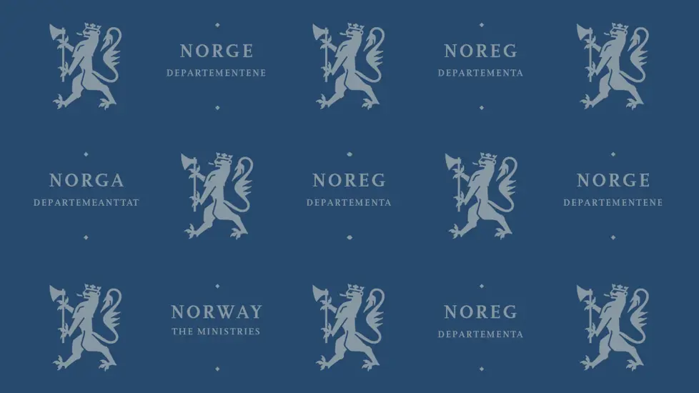 Riksløven og teksten Norge og Departementene på norsk, nynorsk, samisk og engelsk