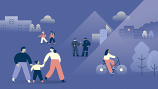 Illustrasjon til Statsbudsjettet 2026. Viser et samfunn med ulike mennesker: barn og voksne, personer i uniform og en person på sykkel, med bygninger, trær og skyer i bakgrunnen.