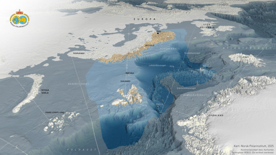 Illustrasjonen viser Norge, sett fra Nordpolen, og viser Norges kyst- og havområder, inkludert havbunnen.