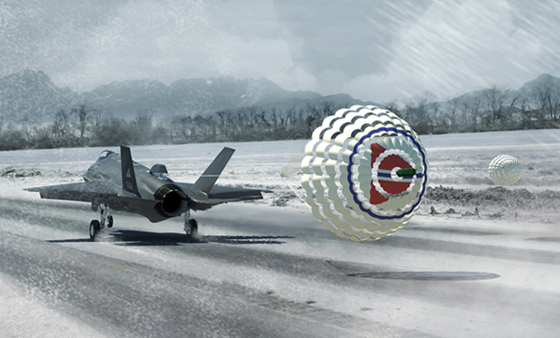 Illustrasjon bremseskjerm på F-35.