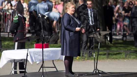 Statsminister Erna Solberg var en av de som holdt tale på 8. mai.