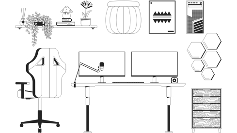 Sort hvit strektegning av diverse brukerutstyr til kontor