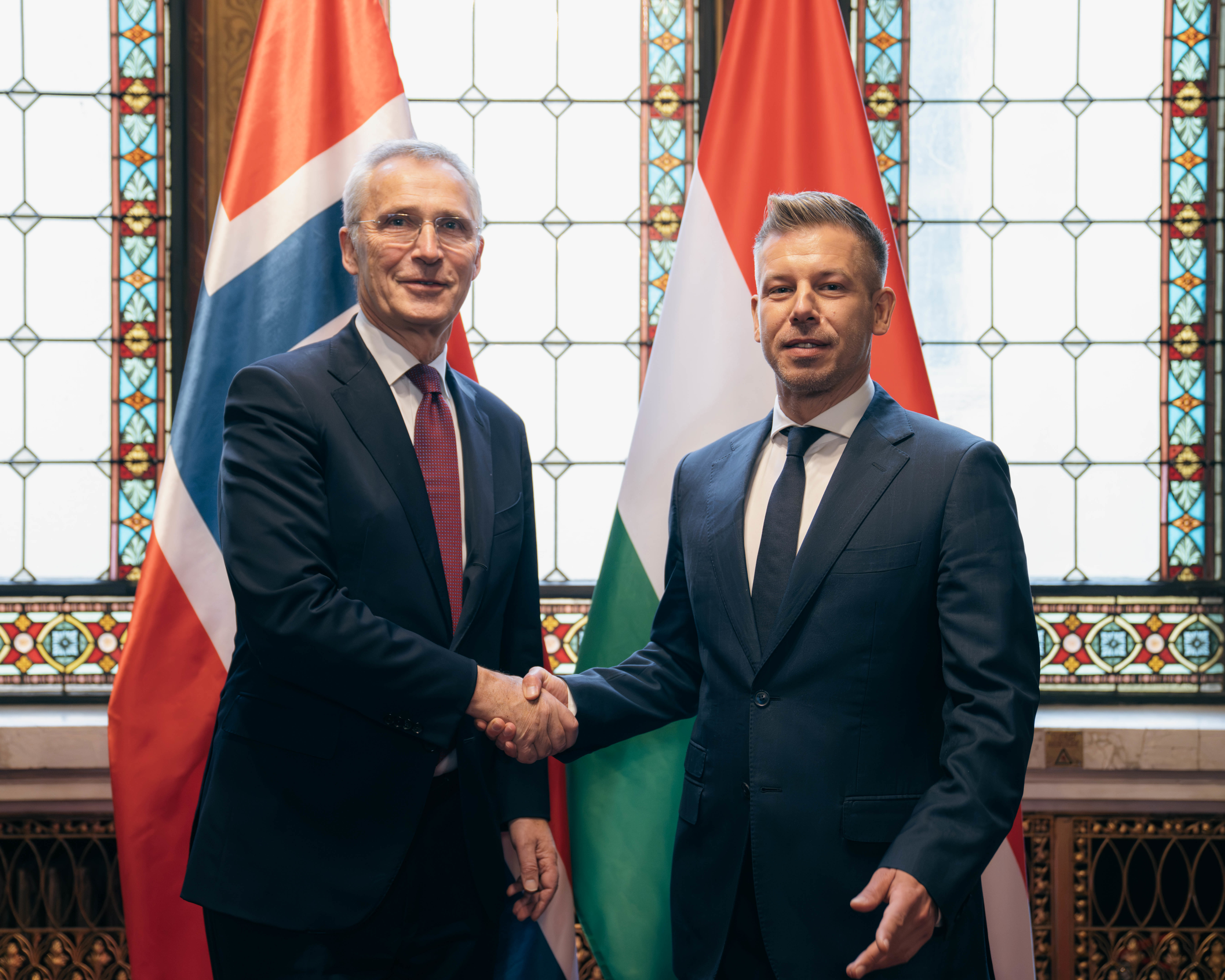 Finansminister Jens Stoltenberg og Ungarns statsminister Péter Magyar.