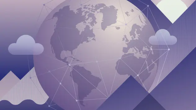 Bildet viser omslagssideillustrasjonen for Fondsmeldingen 2026. En jordklode i lilla farger med sol, skyer og fjell.
