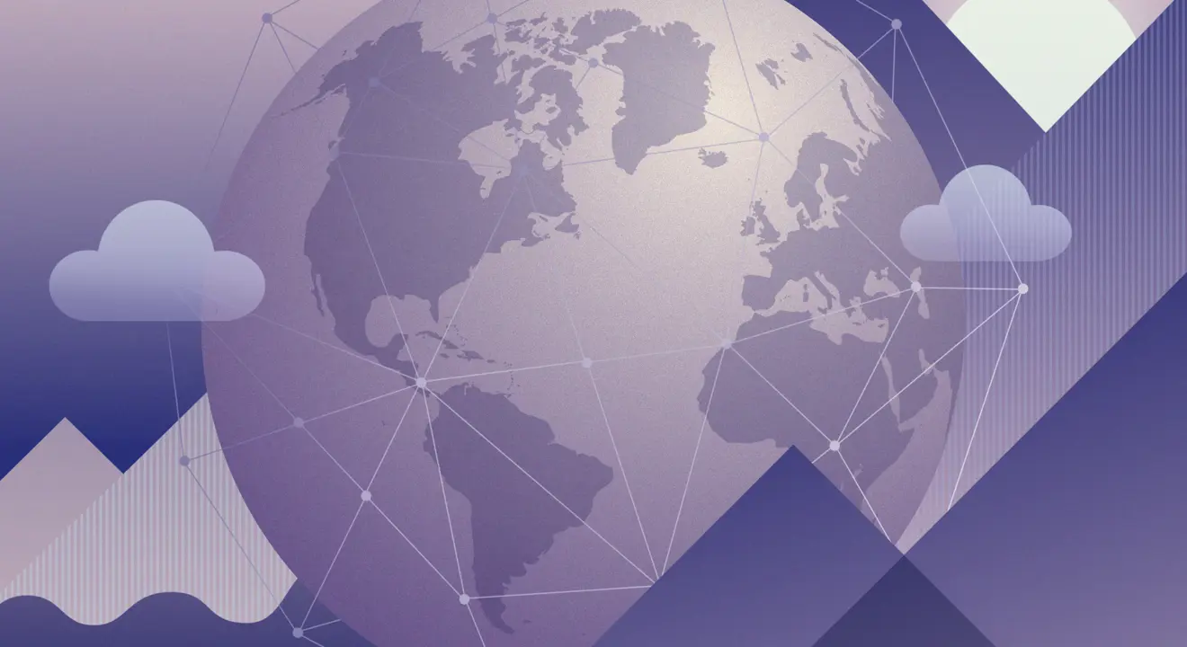 Bildet viser omslagssideillustrasjonen for Fondsmeldingen 2026. En jordklode i lilla farger med sol, skyer og fjell.