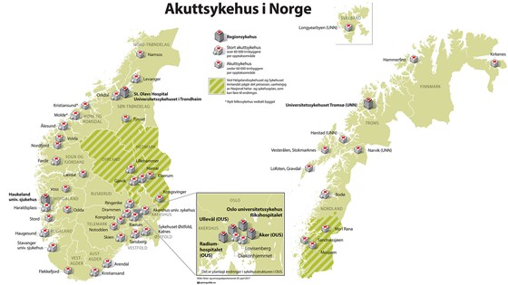 Kart over akuttsykehus i Norge