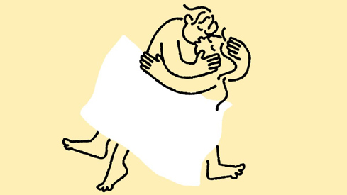 Strektegning av to personer omfavner hverandre