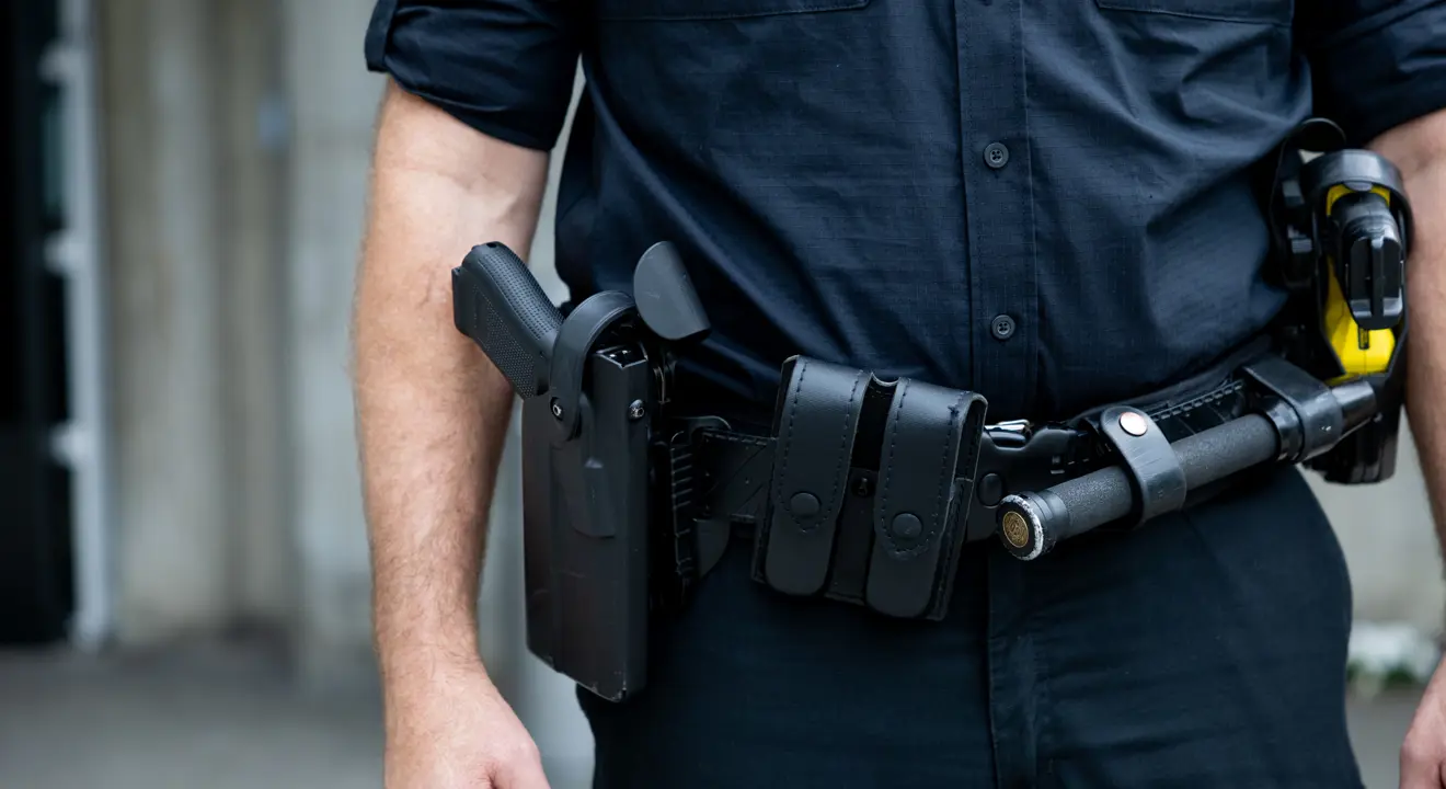 Nærbilde av midtpartiet til en person kledt i mørkeblå uniform. I beltet har har pistol og annet utstyr.