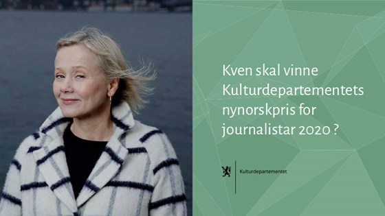 Annonseplakat med bilete av Kjersti Mjør, Bergens Tidende, vinnar av Kulturdepartementets nynorskpris for journalistar i 2019.