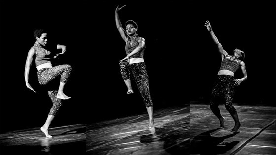 Tre svart/hvitt-bilder ved siden av hverandre av danser Julienne Doko.