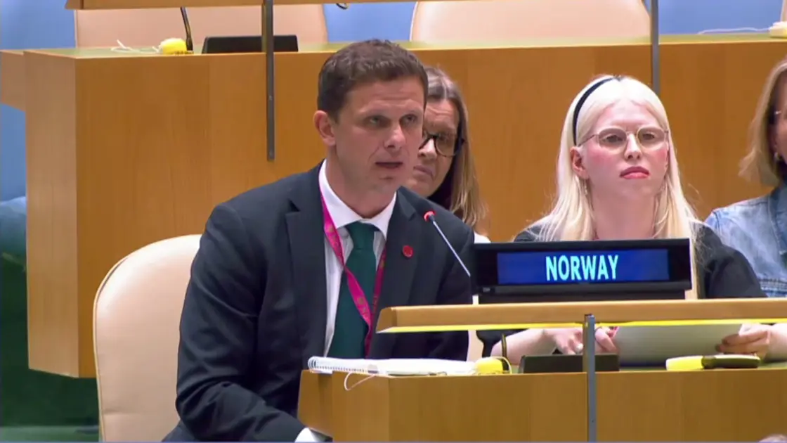 Statssekretæren og ungdomsdelegaten sittende på Norges plass i FN.