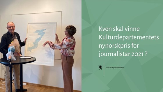 Utlysingsplakat for nynorskprisen med bilete av vinnar frå 2020 Eivind Molde og juryleiar Solveig Barstad.