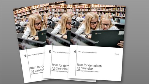 Forsiden til den utvidede bibliotekstrategien. Bilde av to jenter med briller som ser på en dataskjemr med bokhyller i bakgrunnen.