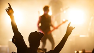 Illustrasjonsbilde av siluett av publikummer bakfra med armene i været og en gitarist på scenen.