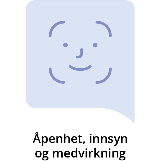 Tegning av et enkelt ansikt som skal illustrere face-ID med teksten "Åpenhet, innsyn og medvirkning" under illustrasjonen.