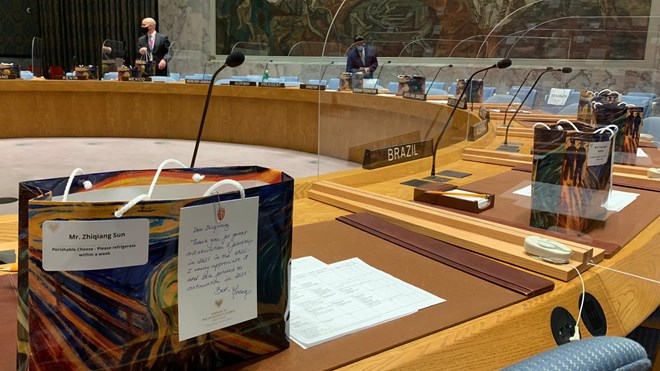 Gave til rådsmedlemmene i FNs sikkerhetsråd på plass i salen.