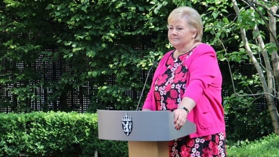 Statsminister Erna Solberg holder innledningen sin på halvårlig pressekonferanse i hagen til regjeringens representasjonsanlegg i Parkveien 26. juni 2019.