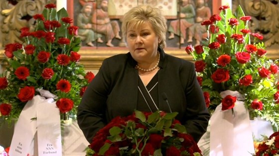 Statsminister Erna Solberg taler i begravelsen til Hans-Christian Gabrielsen.