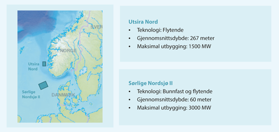 Kartutsnitt som viser vindkraftområdene Utsira Nord og Sørlige Nordsjø II