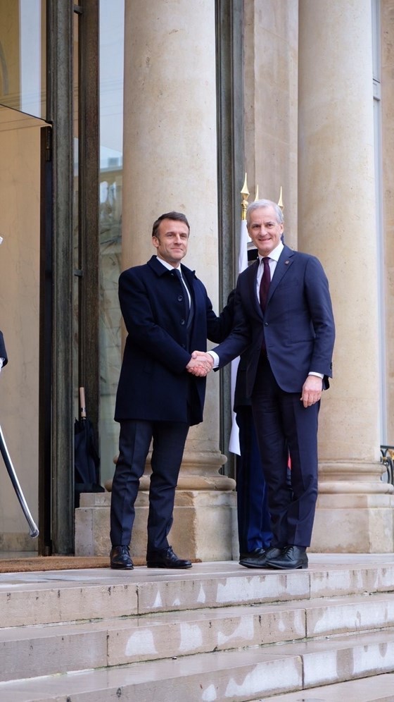 Macron og Støre står sammen på toppen av en trapp i Elysée-palasset i Paris.