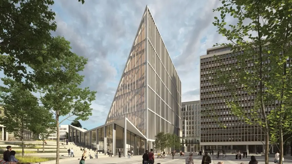 Illustrasjon av noen av bygningene i regjeringskvartalet og parken som kommer.