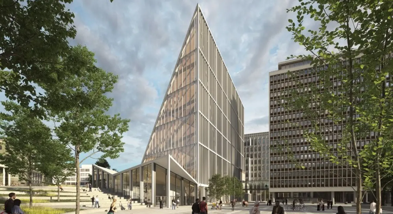 Illustrasjon av noen av bygningene i regjeringskvartalet og parken som kommer.