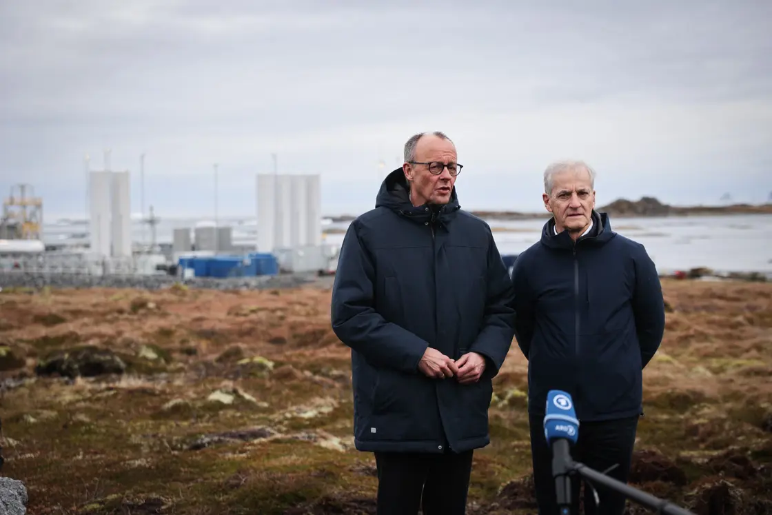 Forbudskansler Merz og statsminister Støre står ved siden av hverandre utendørs på Andøya.