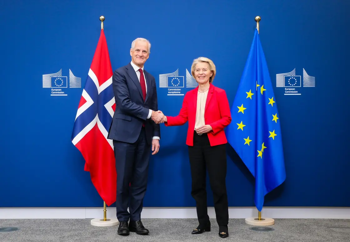 Statsministeren og EU-presidenten håndhilser foran flagg fra Norge og EU.
