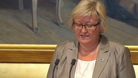 EØS- og EU-minister Elisabeth Aspaker under sin redegjørelse for Stortinget. Foto: Fra stortinget.no 