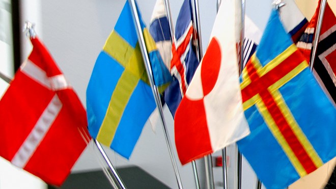 Det nordiske samarbeidet symbolisert ved flaggene til (fra venstre): Danmark, Sverige, Finland, Island, Grønland, Åland, Færøyene (delvis skjult) og Norge. Foto: UD