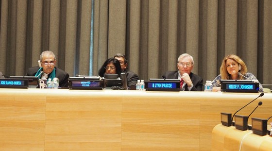 Panelet - med blant annet Jose Ramos Horta og Hilde Frafjord Johnson som la fram sitt forslag til reform av FNs fredsoperasjoner. Foto: FN-delegasjonen 