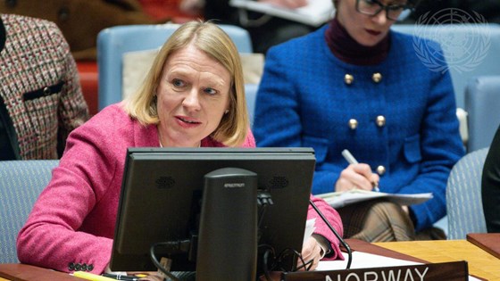 Utenriksminister Anniken Huitfeldt holder innlegg om Afghanistan. Foto: FN