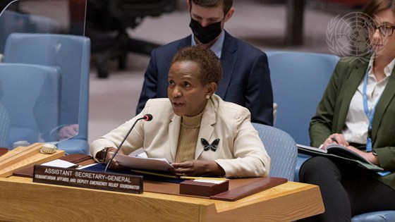 Joyce Msuya, FNs assisterende nødhjelpskoordinator, orienterer Sikkerhetsrådet. Foto: FN