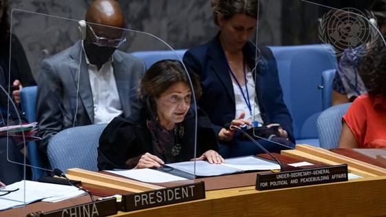 FNs visegeneralsekretær Rosemary DiCarlo orienterer Sikkerhetsrådet. Foto: FN