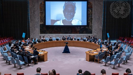 Sikkerhetsrådet lytter til Ibrahim Mudawi. Foto: FN