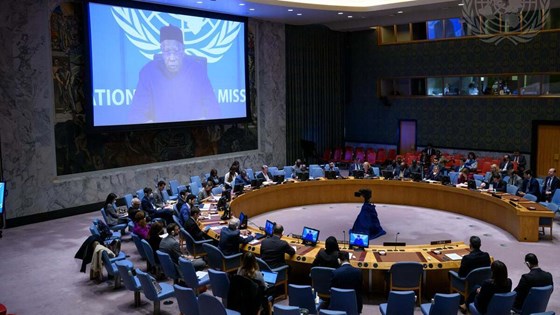 FNs nyutnevnte spesialrepresentant Abdoulaye Bathily (på skjermen). Foto: FN