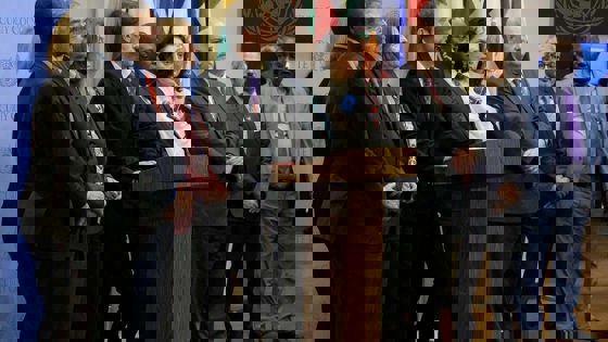 Albanias FN-ambassadør Ferit Hoxha (ved talerstolen). Foto: FN