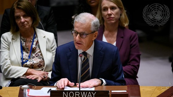 Statsminister Jonas Gahr Støre på møte i Sikkerhetsrådet. Foto: FN