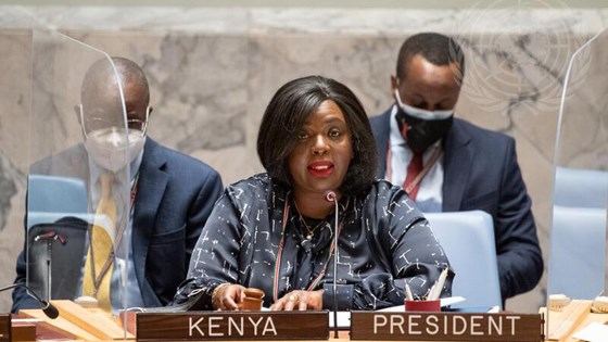 Kenyas utenriksminister Raychelle Omamo ledet møtet i Sikkerhetsrådet om Afrikas store sjøer.  Foto: FN