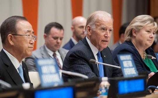 USAs visepresident Joe Biden og statsminister Erna Solberg i paneldebatt om menneskerettighetene til LHBT-personer. Foto: FN-delegasjonen