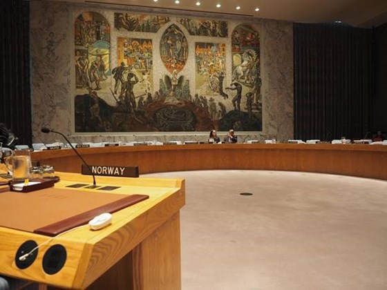Norge stiller som kandidat i valget til FNs sikkerhetsråd i 2020. Den vakre sikkerhetsrådssalen er Norges gave til FN. Foto: FN-delegasjonen