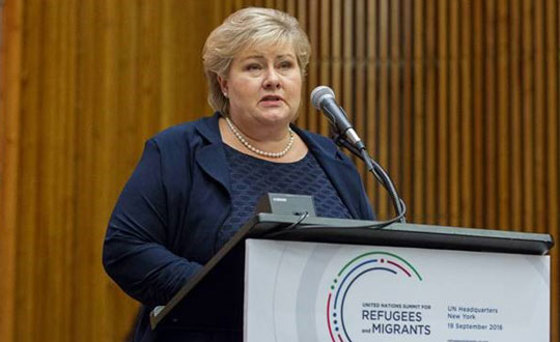Statsminister Erna Solberg holder Norges innlegg på toppmøtet om flukt og migrasjon. Foto: JC McIlwaine, FN