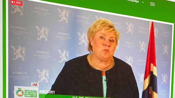 Statsminister Erna Solberg holder innlegg på virtuelt toppmøte om matsystemer. Foto: Lise Albrechtsen, UD