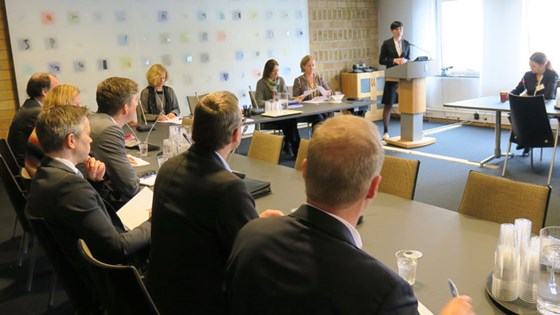 Utenriksminister Ine Eriksen Søreide orienterer WTO-utvalget om det videre arbeidet i forbindelse med USAs handelstiltak for stål og aluminium. Foto: Guri Solberg, UD