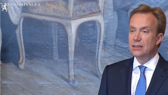 Utenriksminister Børge Brende under sin redegjørelse for Stortinget 7. mars. Foto: Fra stortinget.no 