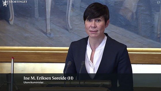Utenriksminister Ine Eriksen Søreide holder sin redegjørelse om Midtøsten for Stortinget. Foto: Fra stortinget.no